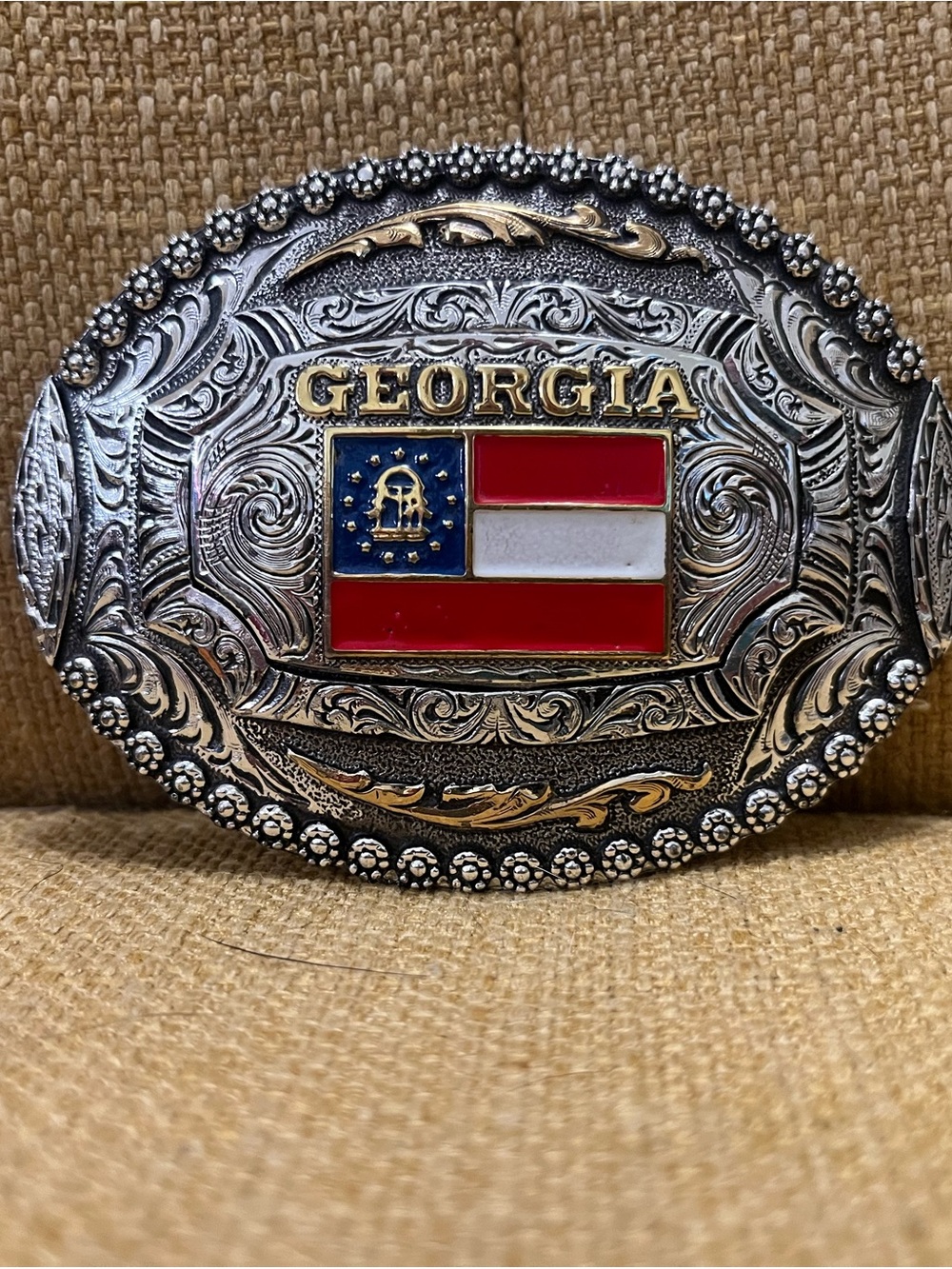 Georgia Flag Western Belt Buckle - Silver and Red